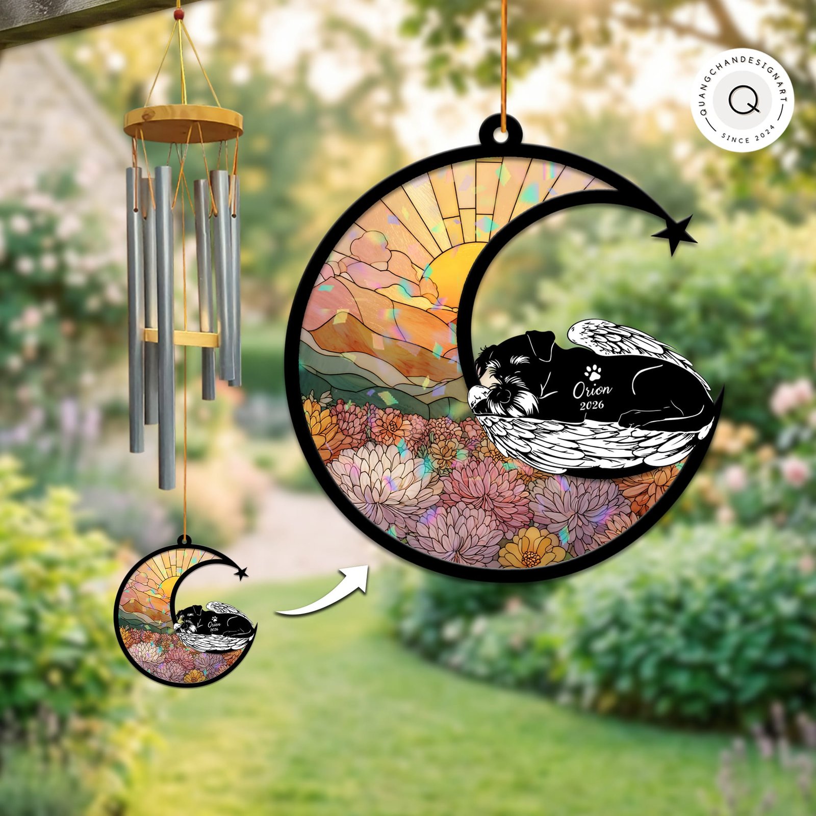 Schnauzer wind chime suncatcher in the broken glass style, showing the dog resting with angel wings among autumn flowers