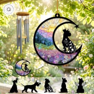Schnauzer silhouette sitting on a stained-glass crescent moon wind chime suncatcher with a sunrise meadow design