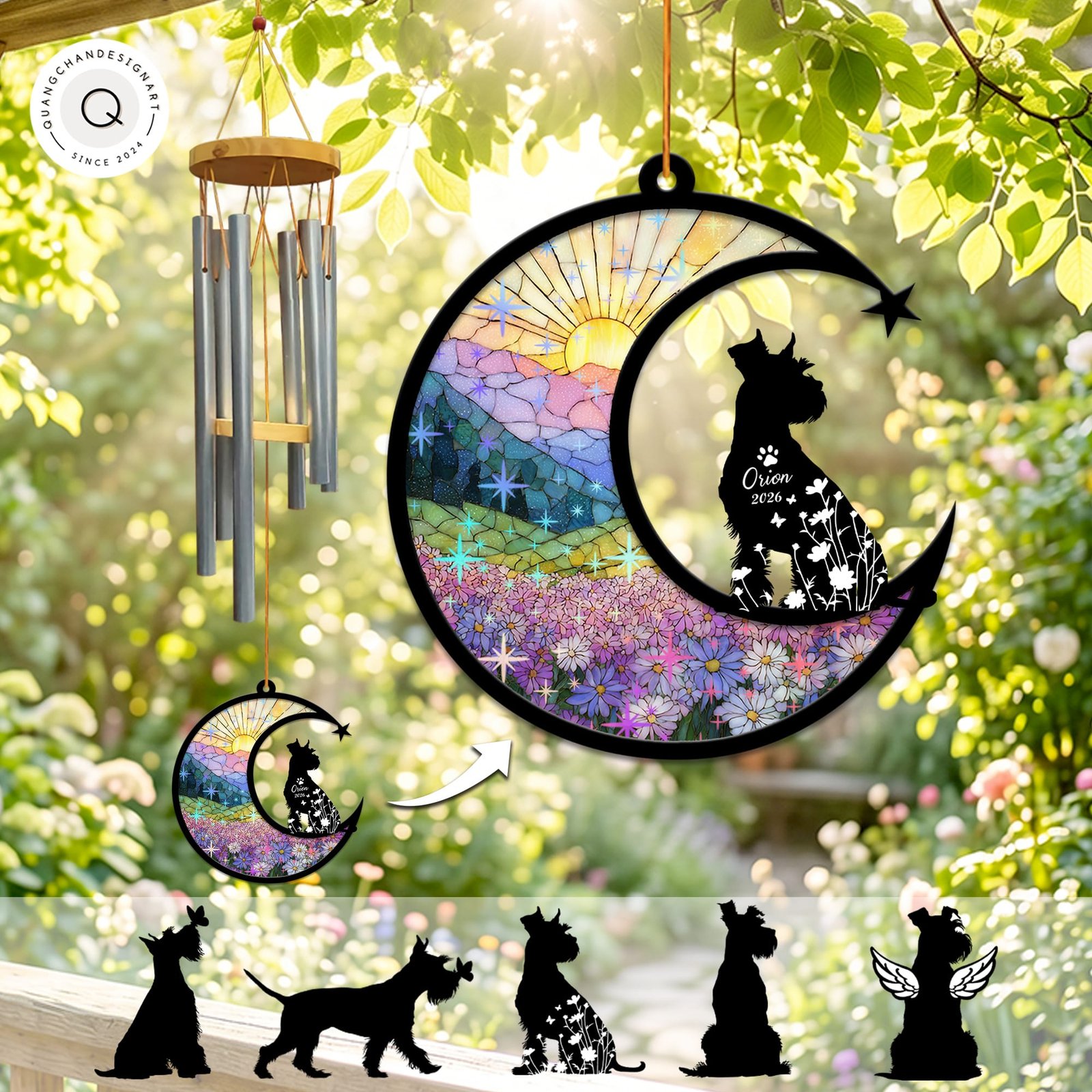 Schnauzer silhouette sitting on a stained-glass crescent moon wind chime suncatcher with a sunrise meadow design