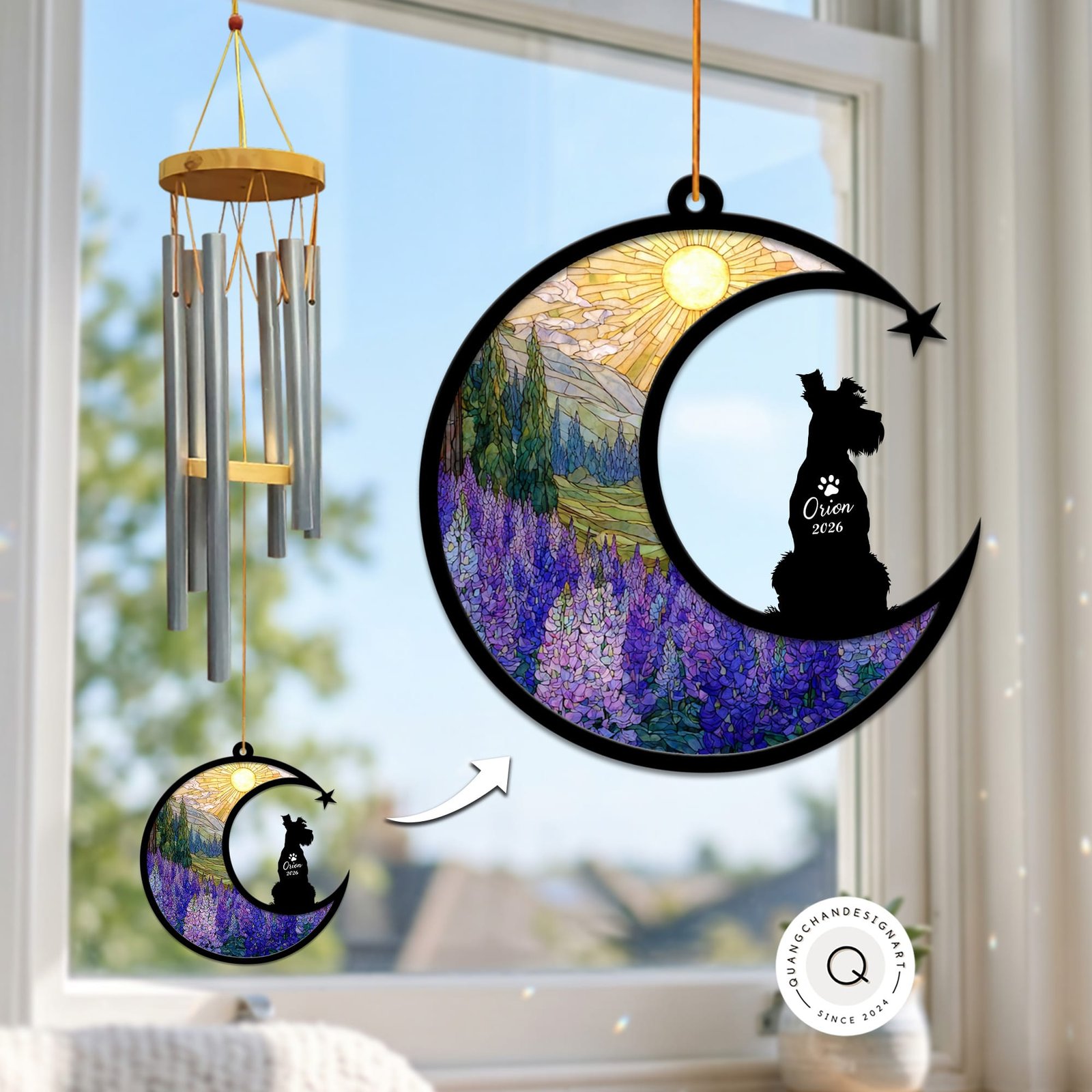 Schnauzer wind chime suncatcher in the standard style hanging in a sunlit window with a purple lupine field design