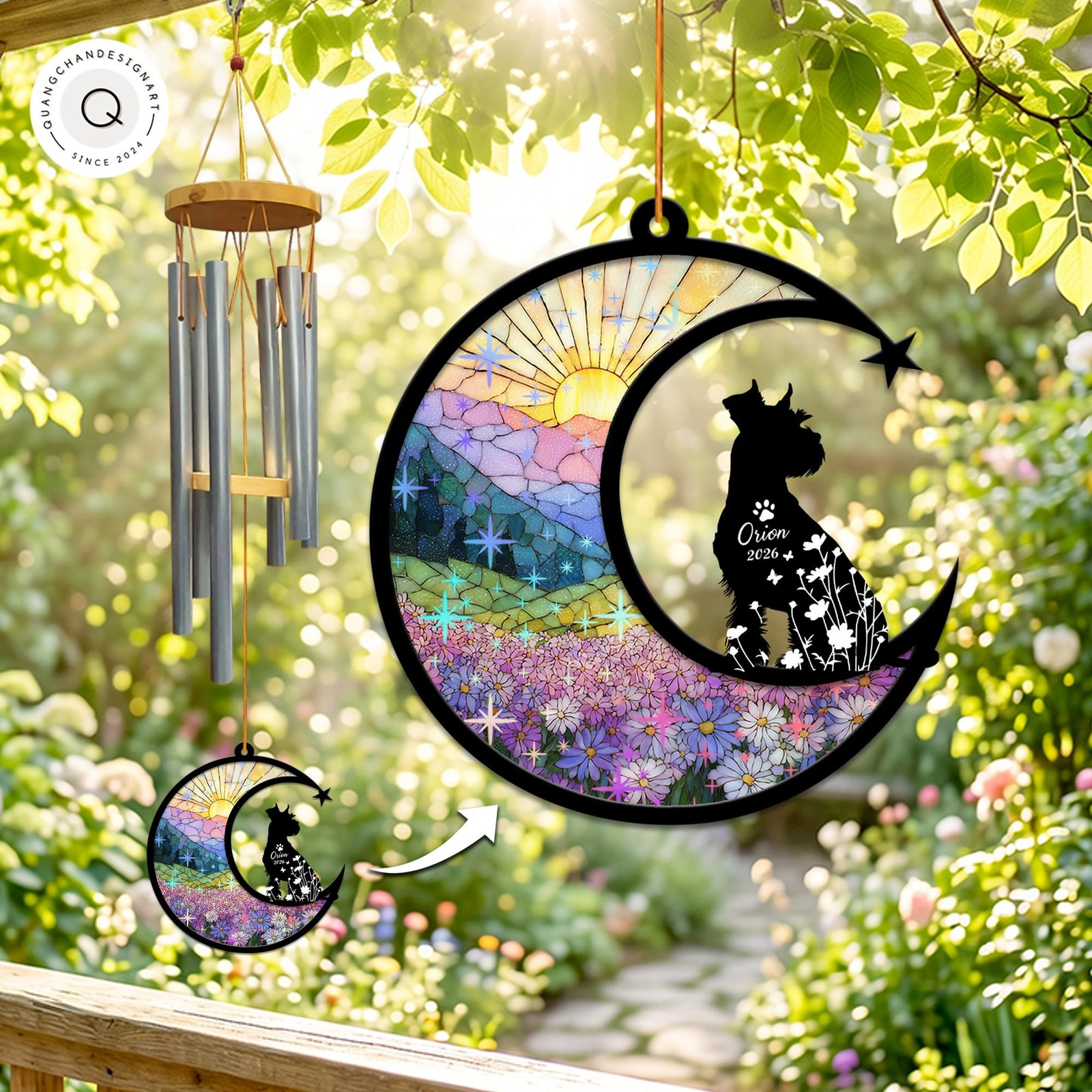 Schnauzer wind chime suncatcher in the starburst style with sparkling stained-glass sunrise and wildflower field