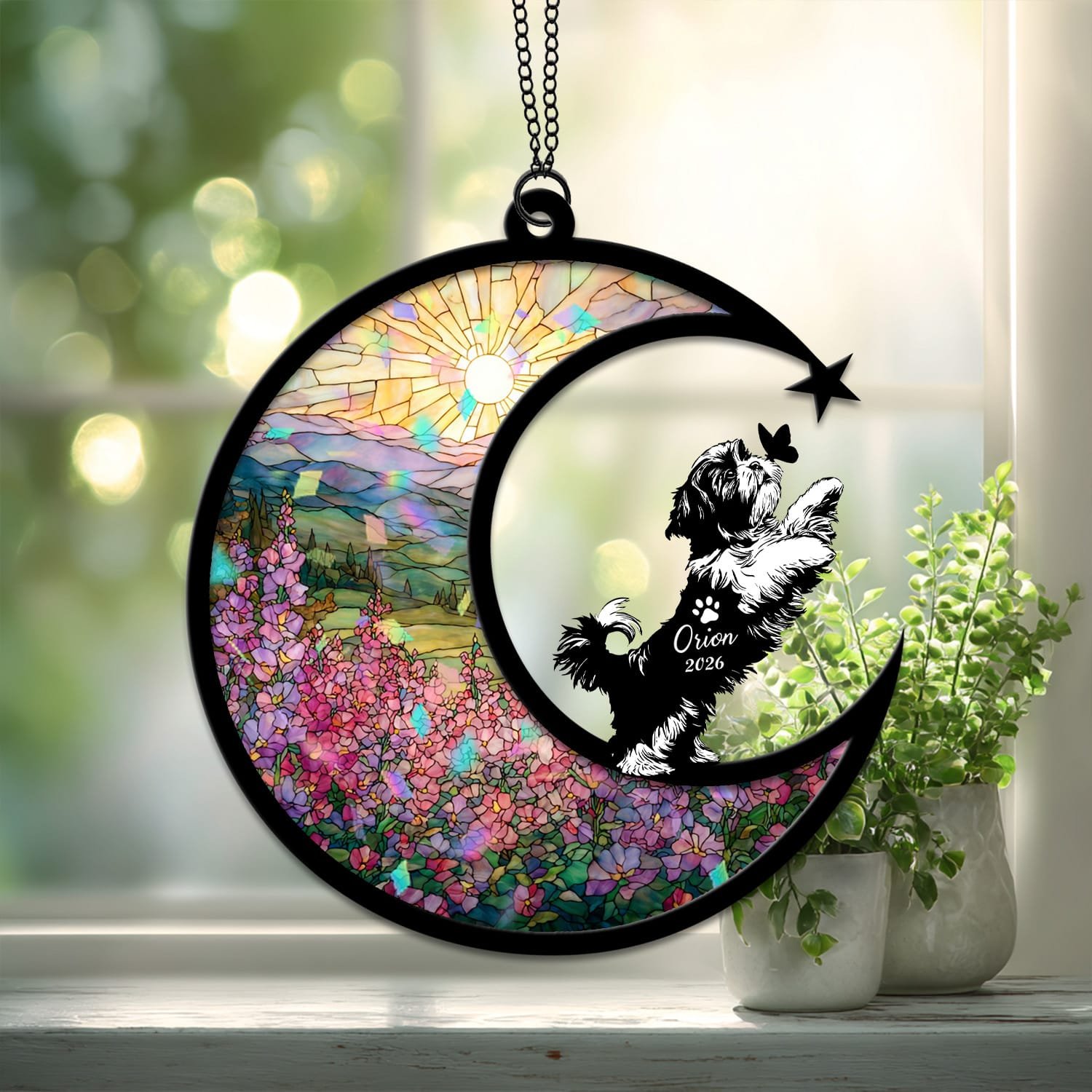 Broken Glass style suncatcher showing a Shih Tzu silhouette against a cracked-glass style floral crescent moon background
