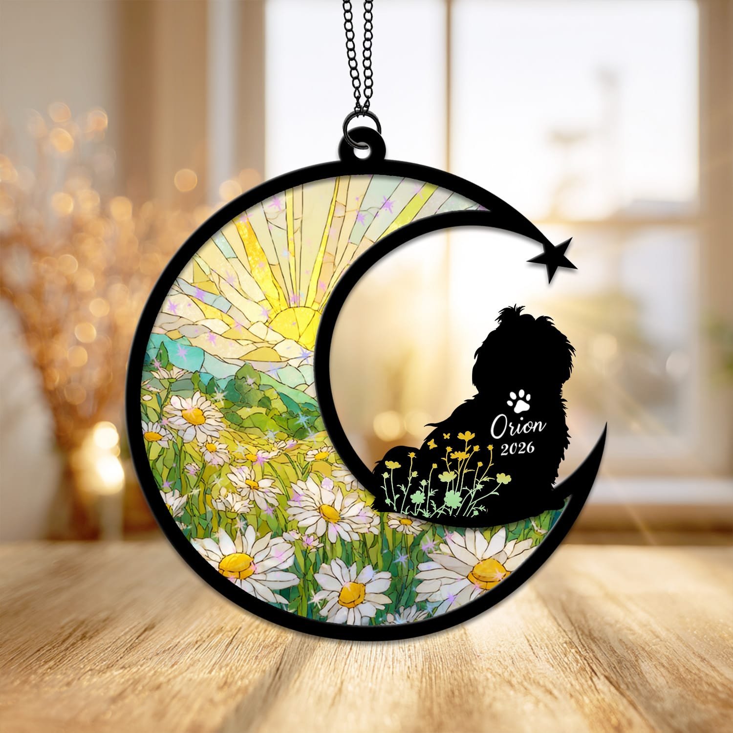 Starburst style suncatcher with a Shih Tzu silhouette under a sparkling stained-glass sunrise