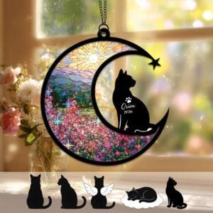 Crescent moon suncatcher with a sleek Short-Haired Cat silhouette over a stained-glass rose garden
