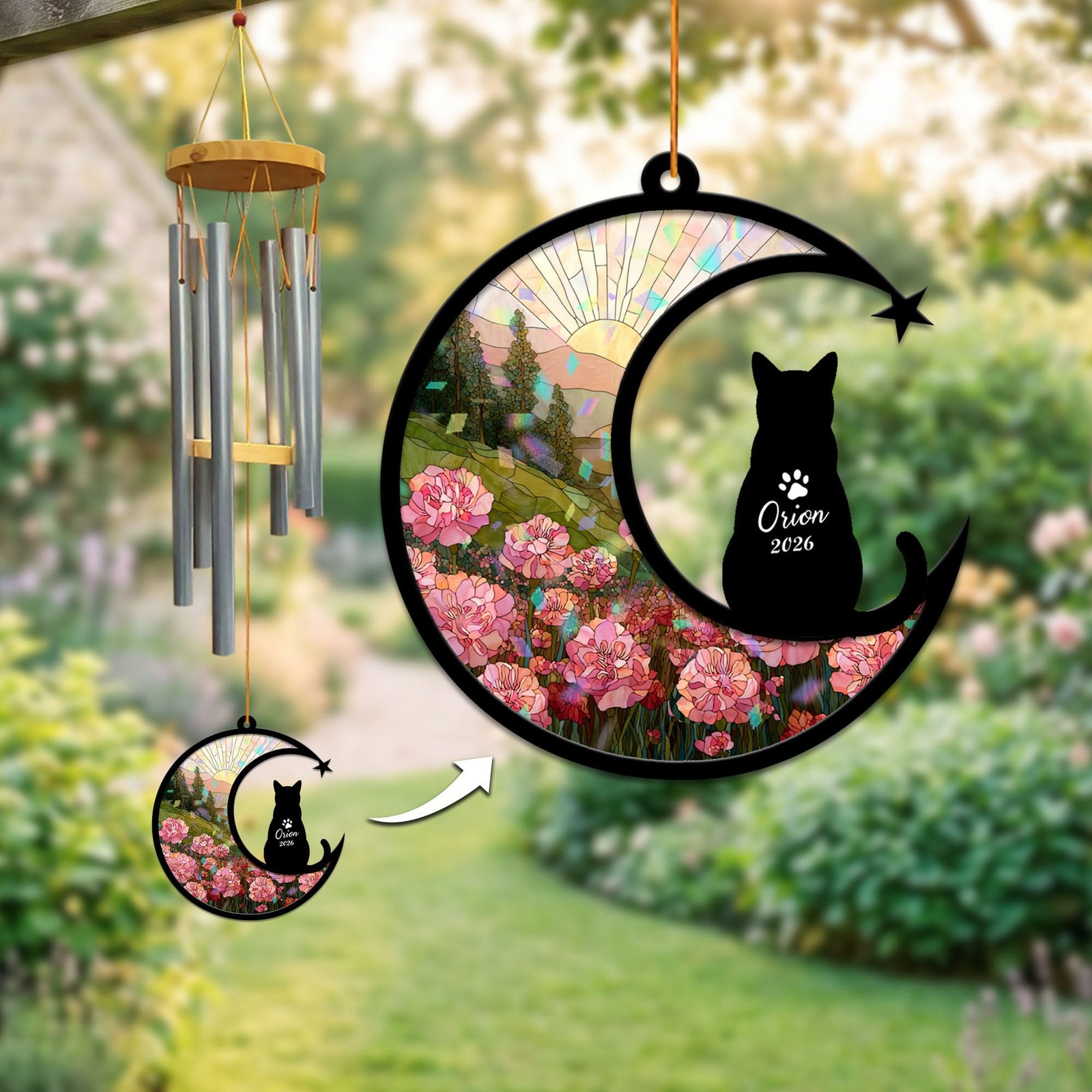Short-haired cat wind chime suncatcher in the broken glass style sitting calmly over a stained-glass pink flower field