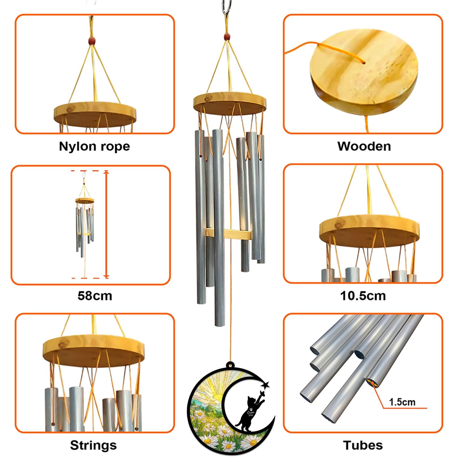 Close-up detail shot showing the nylon rope, wooden top, aluminum tubes, and 58 cm length of the Short-Haired Cat wind chime