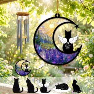Black short-haired cat silhouette with angel wings sitting on a stained-glass crescent moon wind chime suncatcher over a purple lupine field