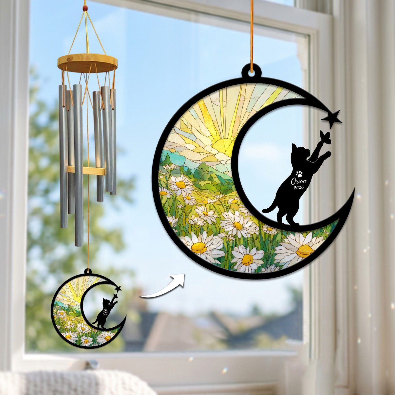 Short-haired cat wind chime suncatcher in the standard style reaching up for a butterfly over a stained-glass daisy field