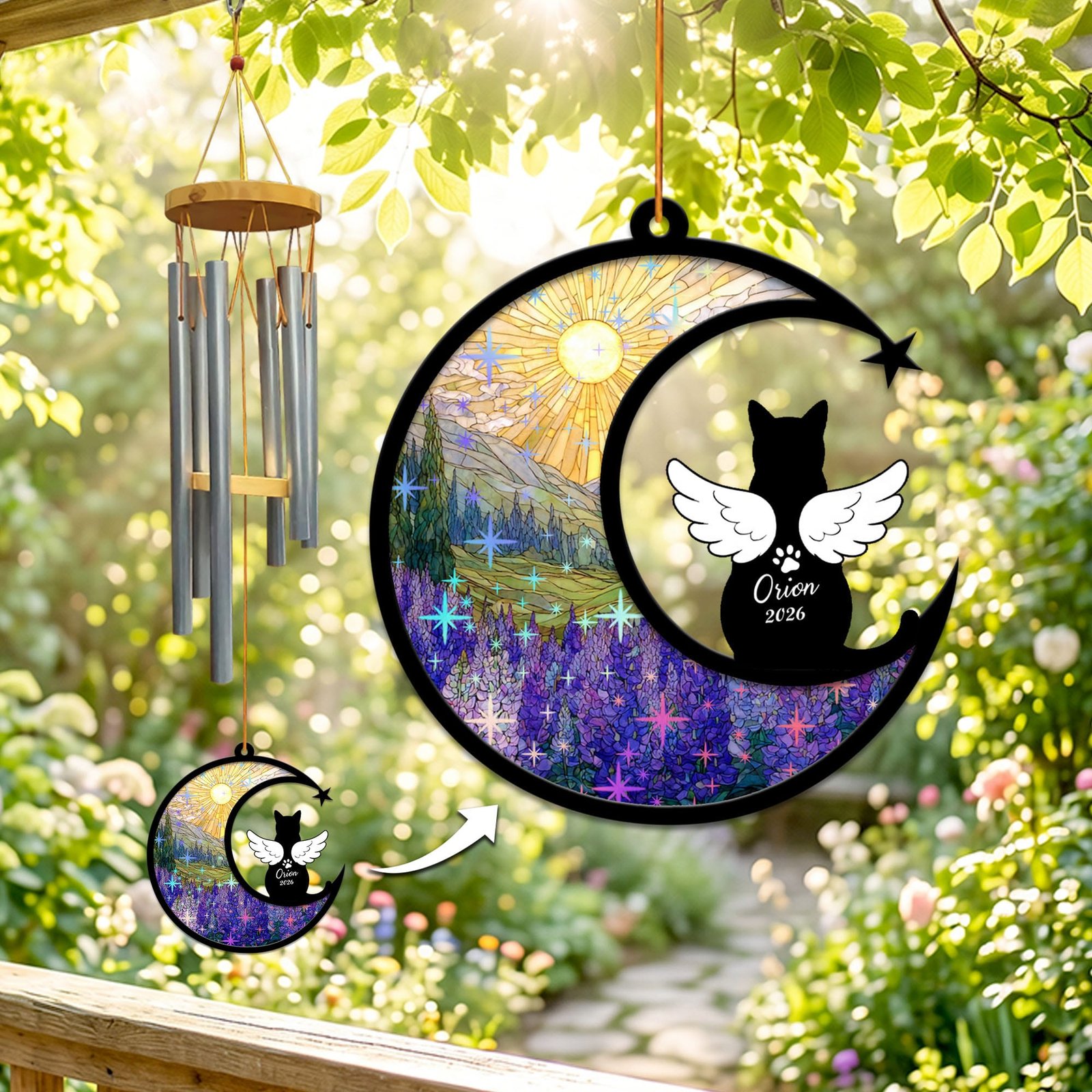 Short-haired cat wind chime suncatcher in the starburst style with sparkling stained-glass purple lupine field and angel wings