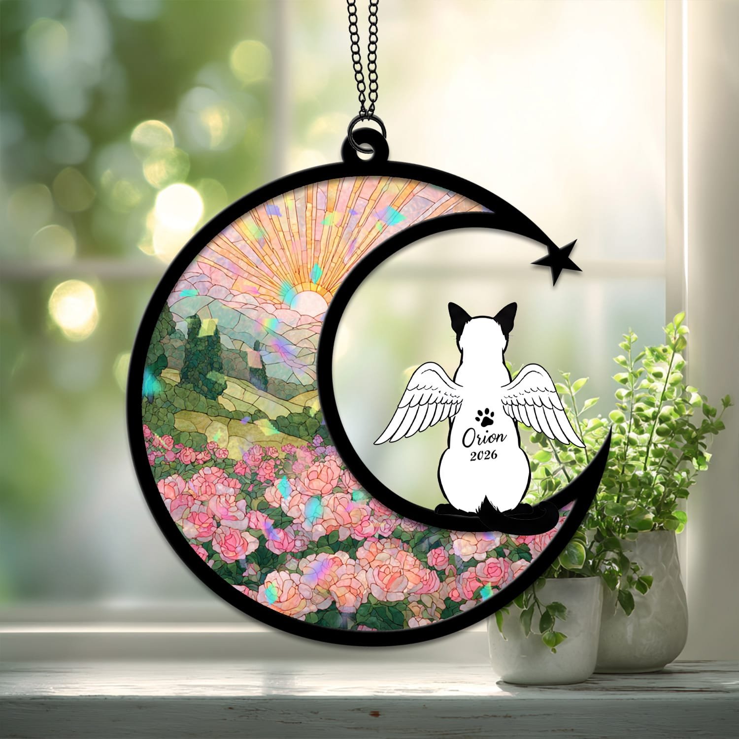 Broken Glass style suncatcher showing a Siamese Cat silhouette against a cracked-glass style floral crescent moon background