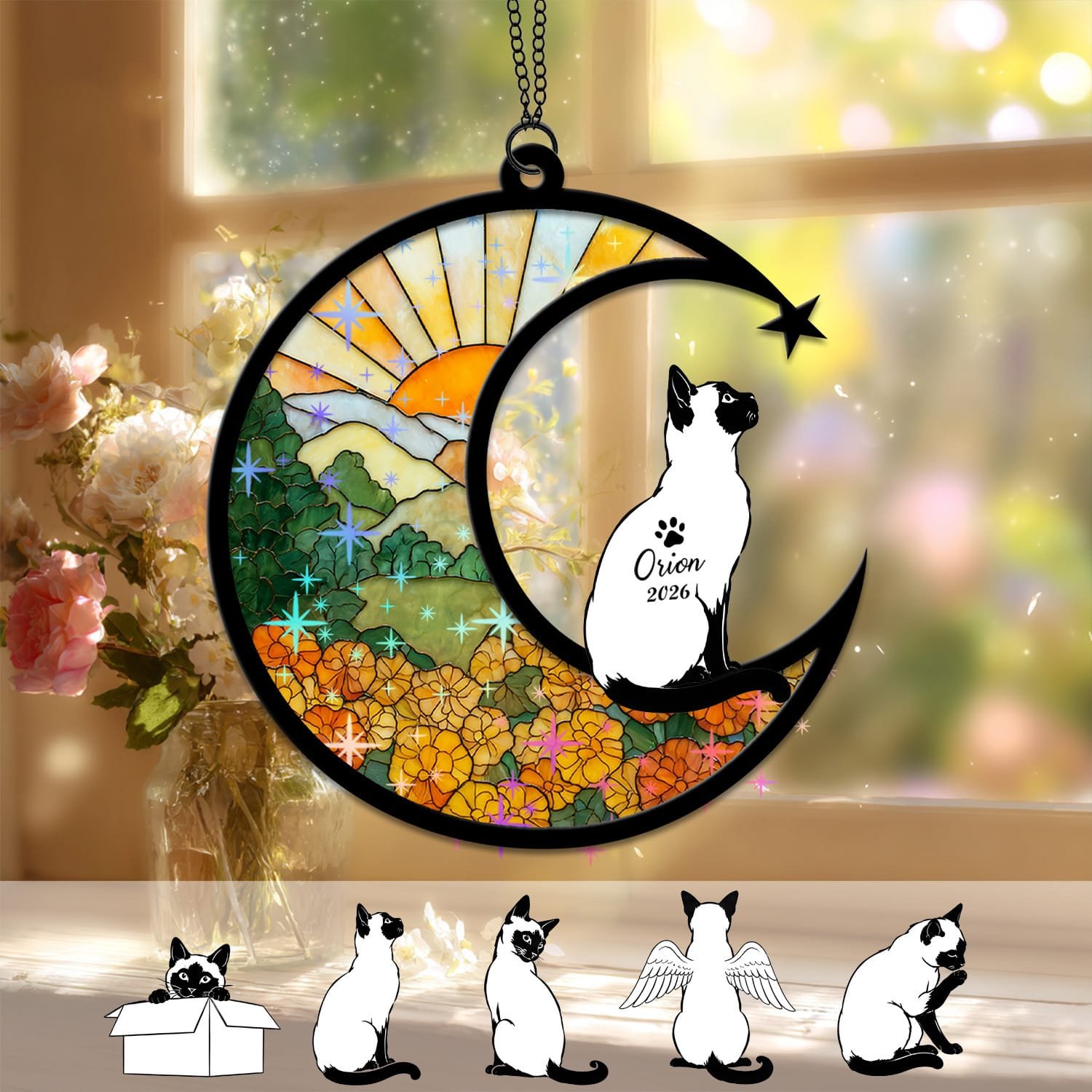 Crescent moon suncatcher with a color-point Siamese Cat silhouette over a stained-glass marigold field