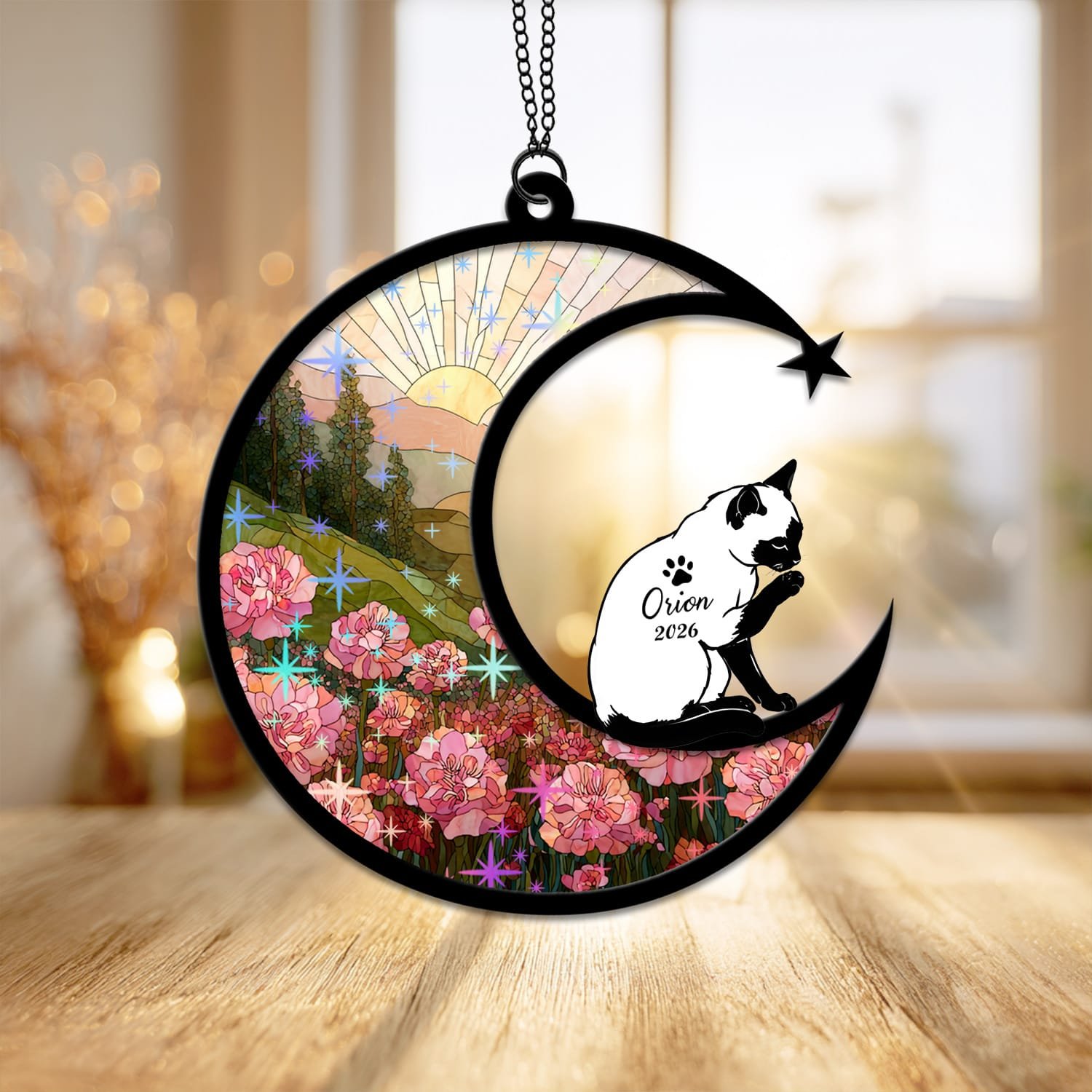 Starburst style suncatcher with a Siamese Cat silhouette under a sparkling stained-glass sunrise
