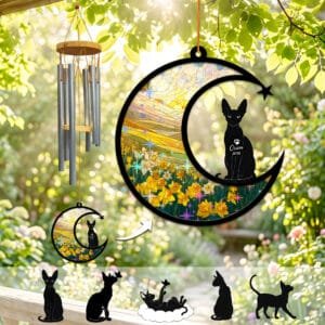 Black Sphynx cat silhouette sitting beneath a shooting star on a stained-glass crescent moon wind chime suncatcher over a daffodil field
