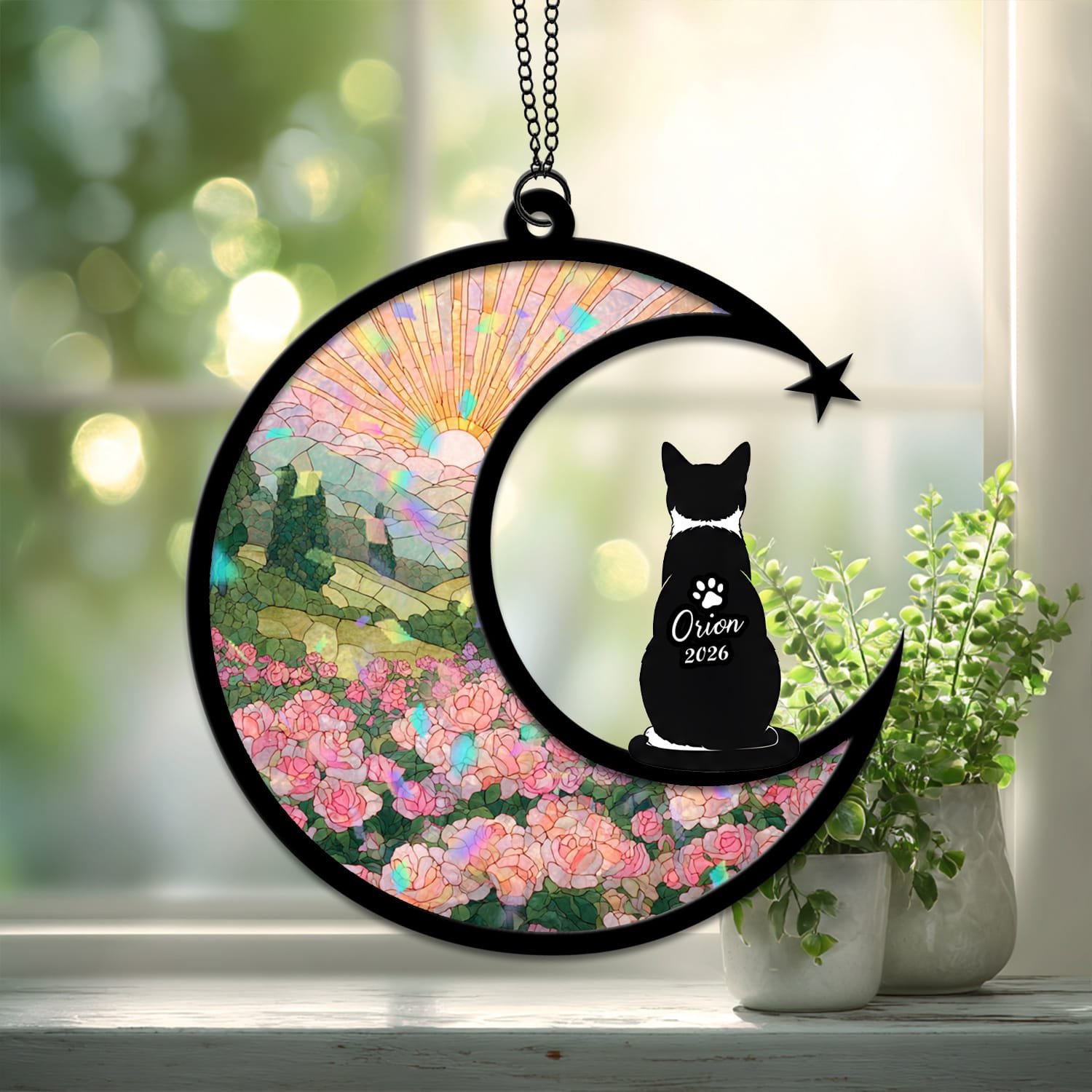 Broken Glass style suncatcher showing a Tuxedo Cat silhouette against a cracked-glass style floral crescent moon background