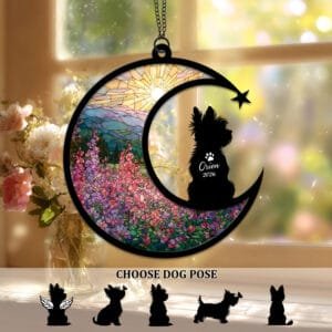 Crescent moon suncatcher with a fluffy Yorkie silhouette over a stained-glass lavender wildflower field