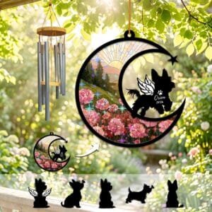 Yorkie silhouette with angel wings sitting on a stained-glass crescent moon wind chime suncatcher over a pink flower field