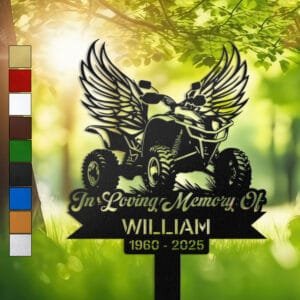 ATV silhouette with angel wings, engraved with 'In Loving Memory Of' on a personalized metal garden stake.