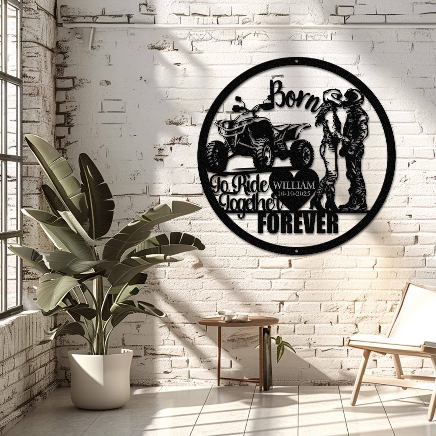 ATV couple metal wall art displayed on a living room wall, showing the design in a home decor setting.