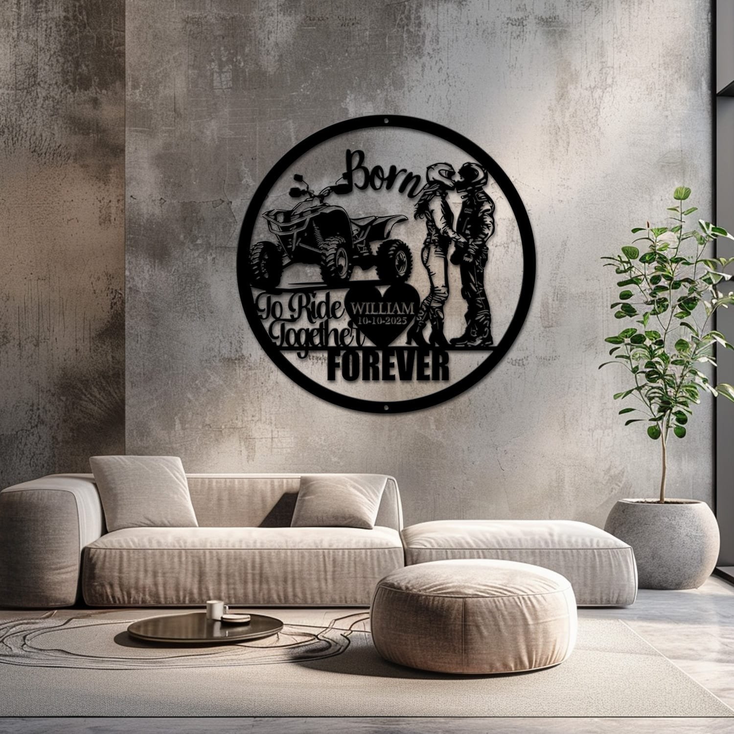 ATV couple metal wall art staged on a neutral wall with soft furnishings nearby, showing the finished design indoors.
