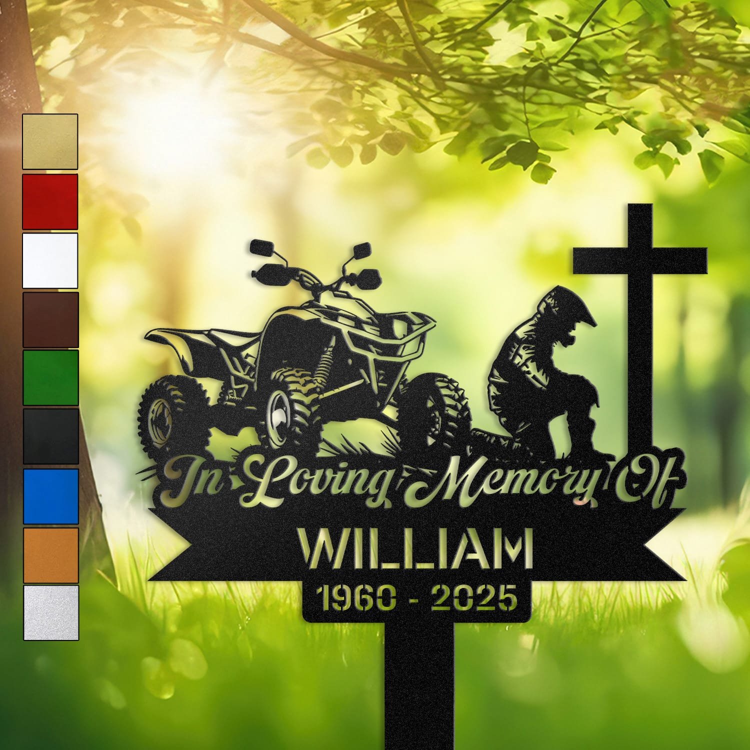 ATV paired with a kneeling rider silhouette beside a cross, engraved with 'In Loving Memory Of' on a personalized metal garden stake.