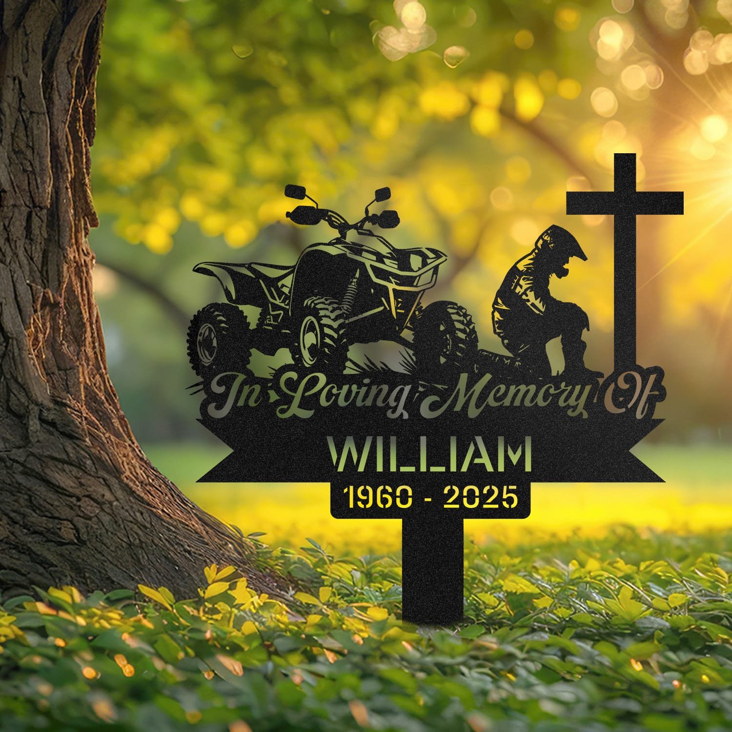 ATV human grave marker displayed outdoors in a garden setting, showing the personalized atv kneeling-at-the-cross design in place on the stake.