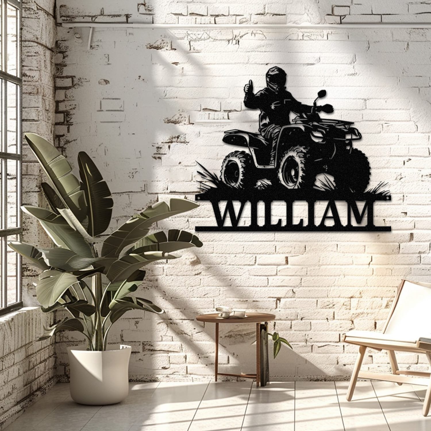 ATV name sign displayed on a living room wall, showing the design in a home decor setting.