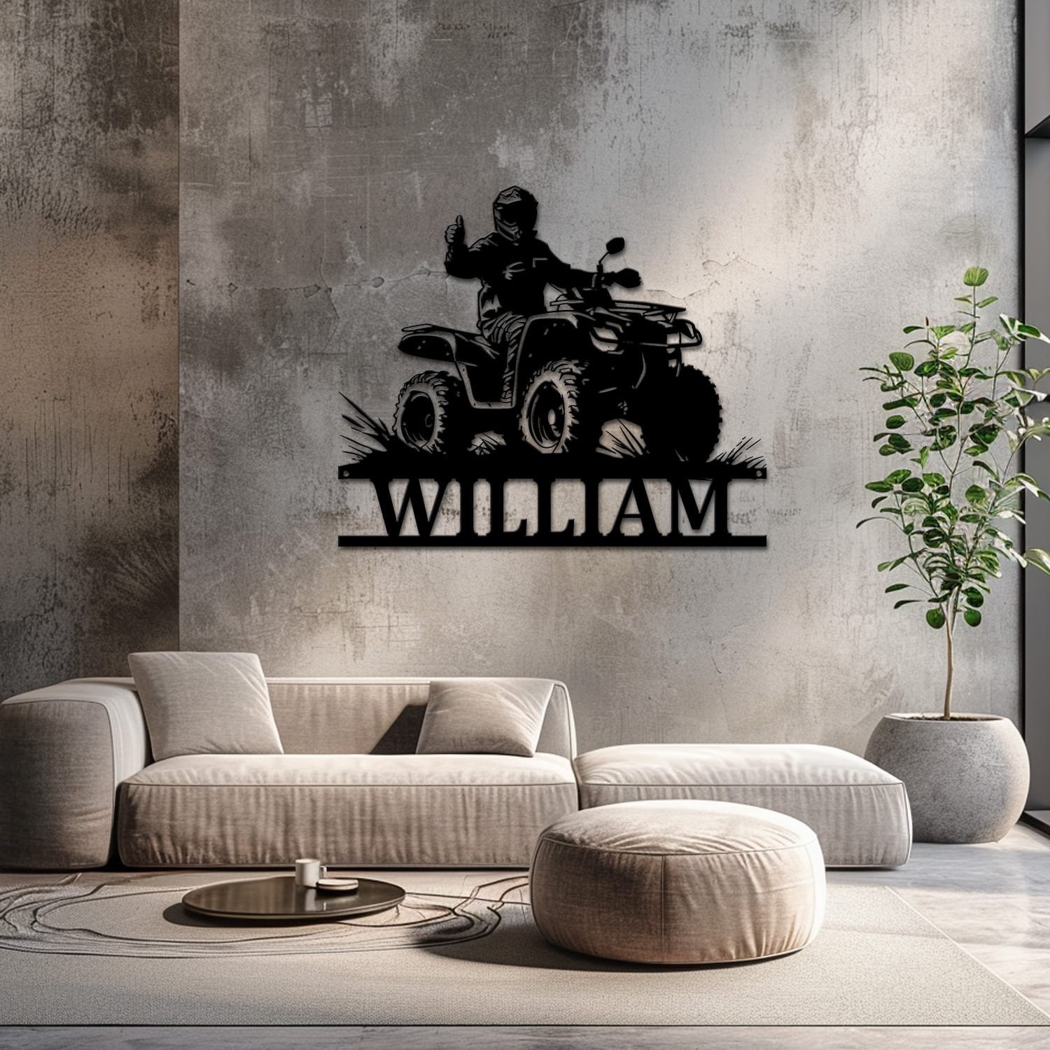 ATV name sign staged on a neutral wall with soft furnishings nearby, showing the finished design indoors.