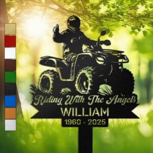 Rider silhouette giving a thumbs-up atop a atv, engraved with 'Riding With The Angels' on a personalized metal garden stake.
