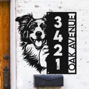 Personalized Border Collie address sign with a black and white Border Collie face peeking over a vertical house number plaque reading 3421 Oak Avenue