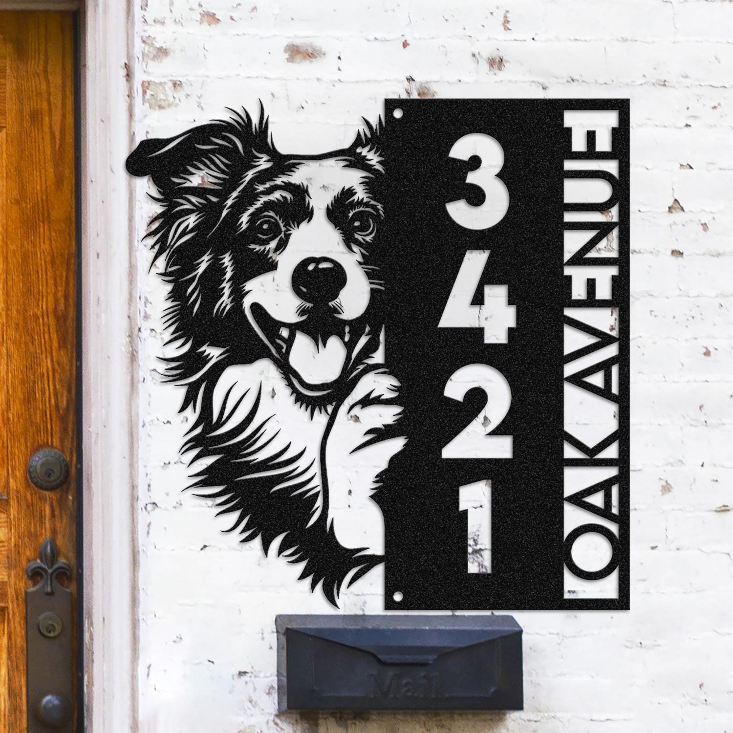 Personalized Border Collie address sign with a black and white Border Collie face peeking over a vertical house number plaque reading 3421 Oak Avenue