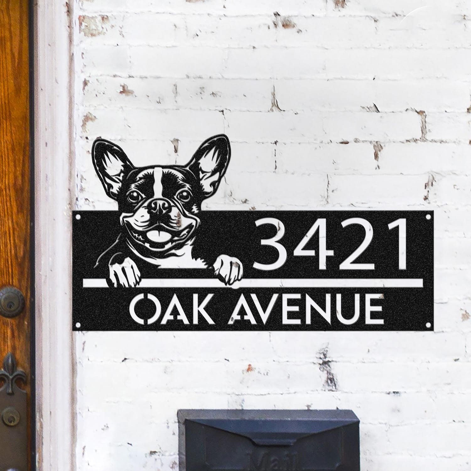 Personalized Boston Terrier address sign mounted on a brick wall, reading 3421 Oak Avenue