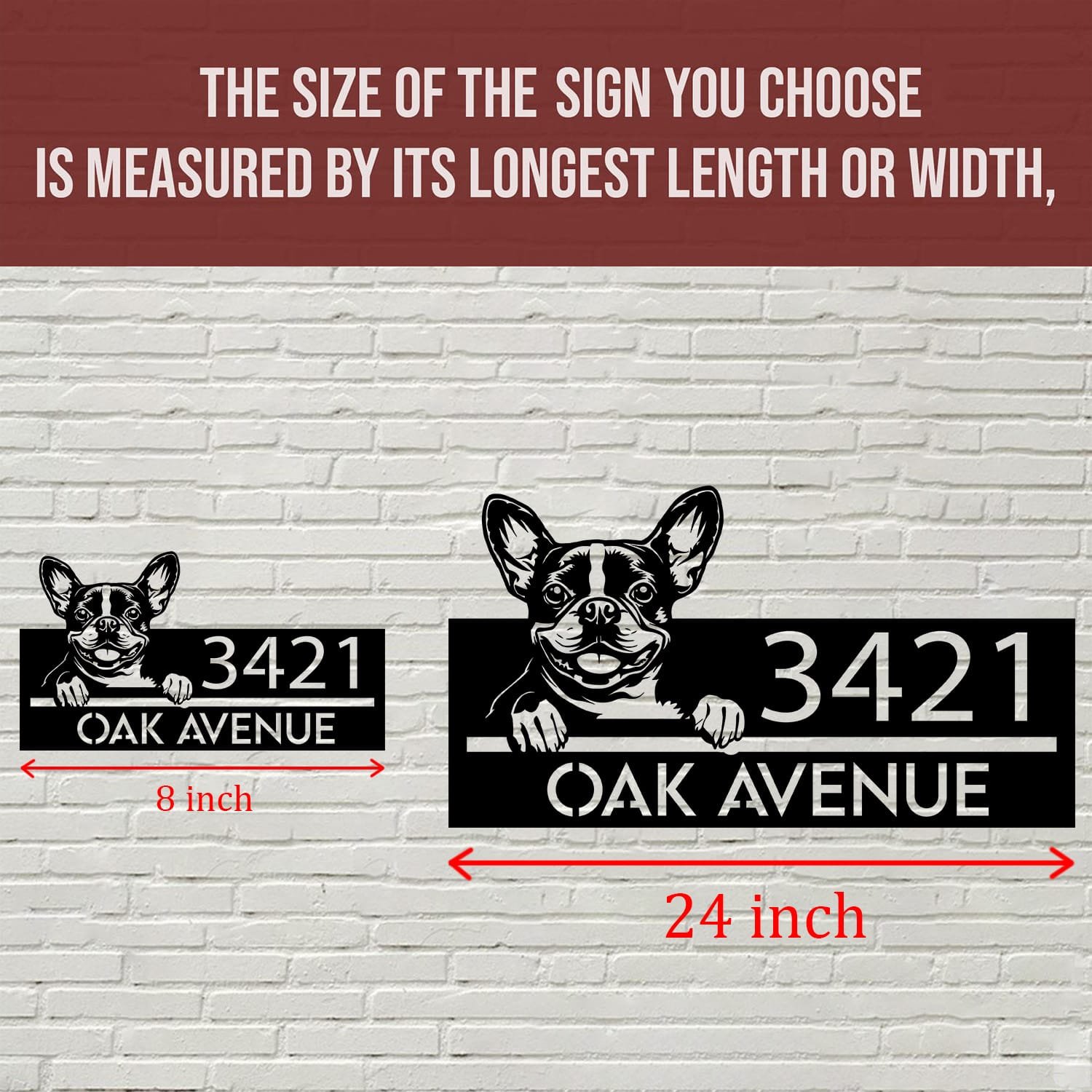 Size comparison chart showing the Boston Terrier address sign at 8 inch and 24 inch sizes