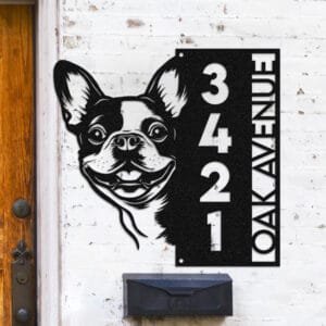 Personalized Boston Terrier address sign with a Boston Terrier wearing a neck bandana peeking over a vertical house number plaque reading 3421 Oak Avenue