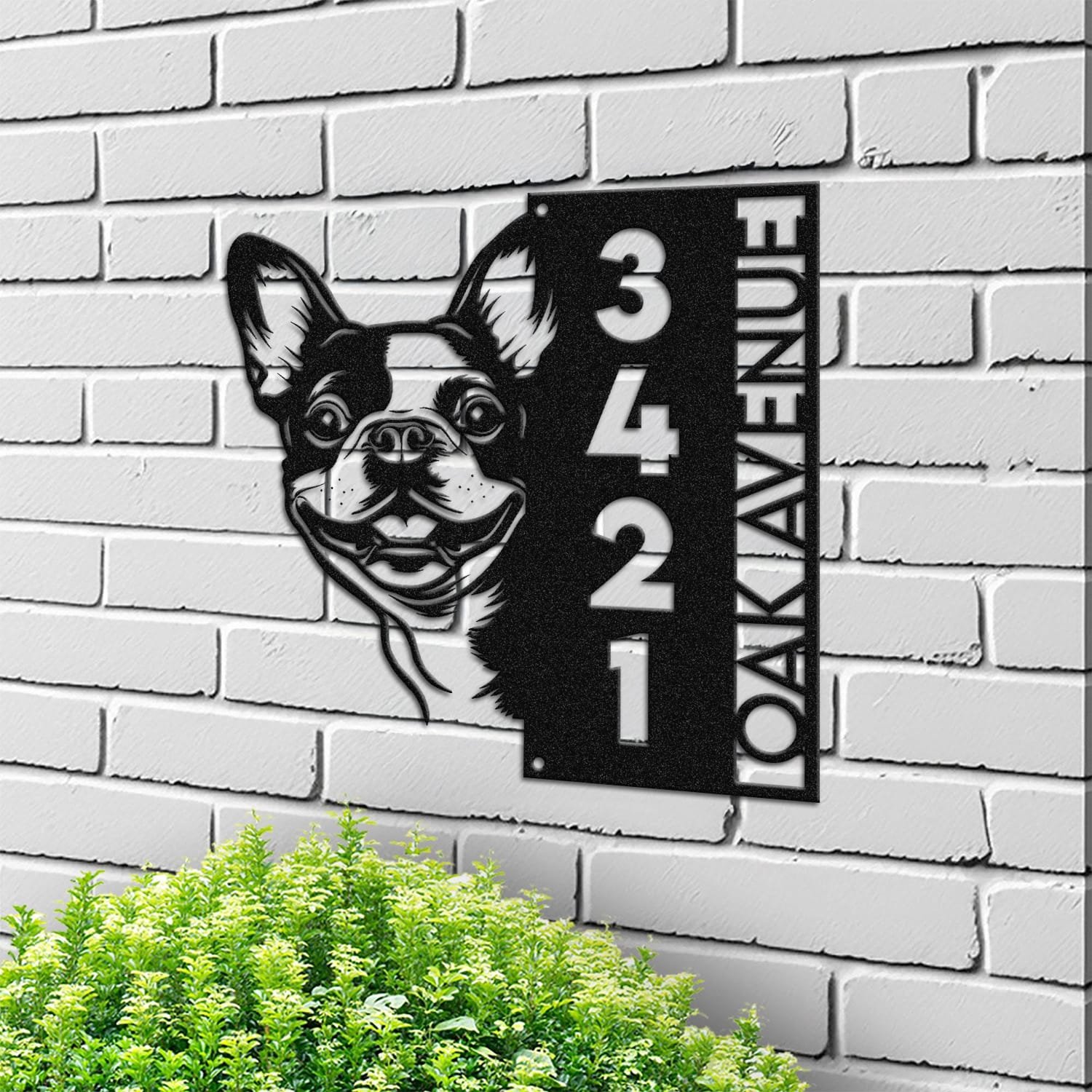 Boston Terrier bandana address sign mounted on a light brick wall in a street-facing view