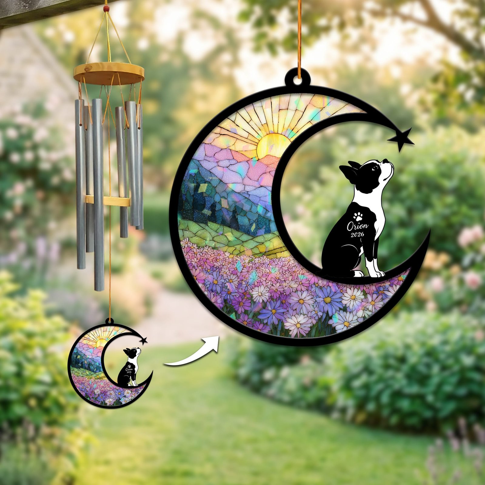 Stained-glass memorial wind chime suncatcher showing a Boston Terrier gazing up at a shooting star from a crescent moon over a pastel wildflower field