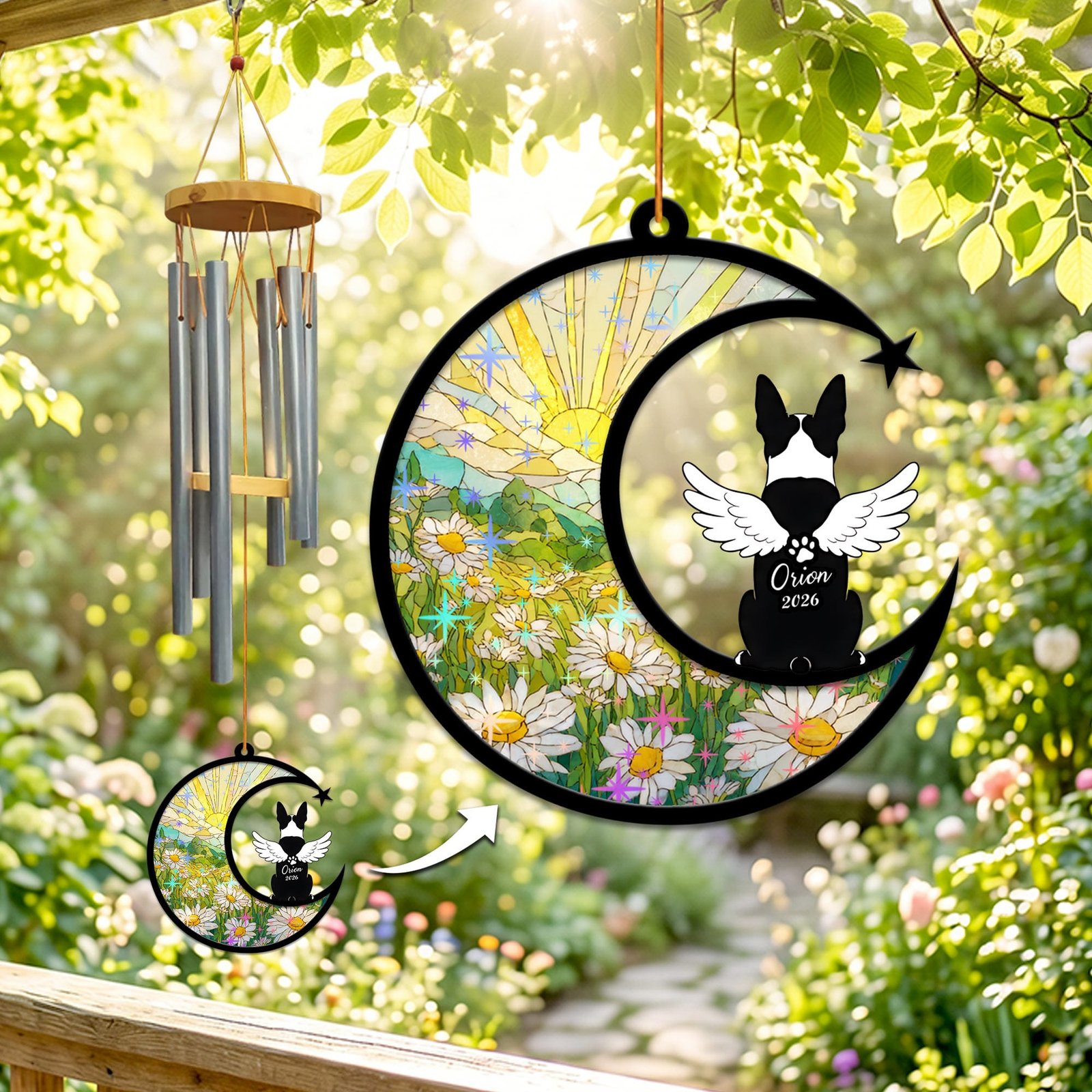 Stained-glass memorial wind chime suncatcher showing a Boston Terrier with angel wings sitting on a crescent moon over a daisy meadow with sparkling starburst accents
