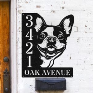 Personalized Boston Terrier address sign with a Boston Terrier face peeking over a vertical house number plaque reading 3421 Oak Avenue