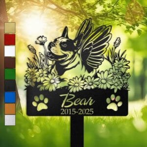 Personalized Bull Terrier metal pet grave marker with angel wings and daisy flowers, displayed in a sunlit garden with color swatch options