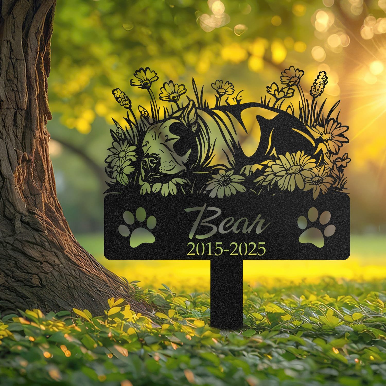 Bull Terrier sleeping pose pet grave marker staked into the ground beside a large tree trunk in a garden setting
