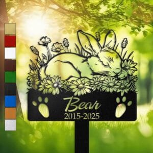 Bunny resting in a peaceful sleeping pose within a daisy floral border on a personalized metal garden stake, with paw print cutouts at the base.