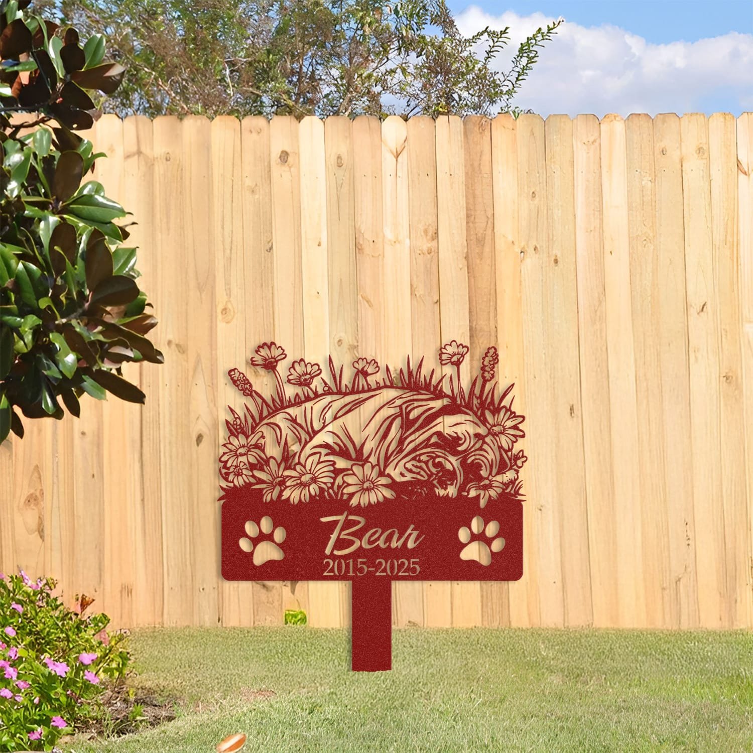 Cane Corso pet grave marker shown in an additional outdoor garden display angle