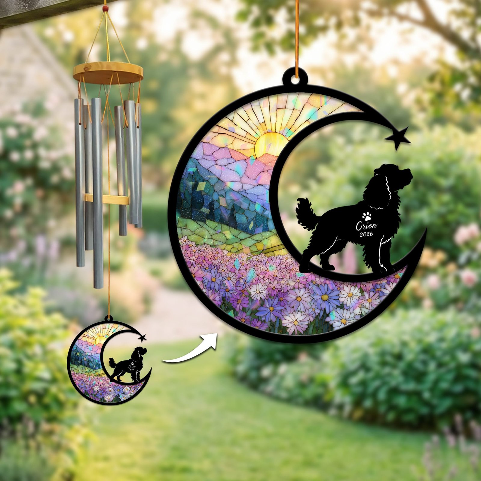 Stained-glass memorial wind chime suncatcher showing a Cavalier King Charles Spaniel silhouette standing on a crescent moon over a pastel wildflower field