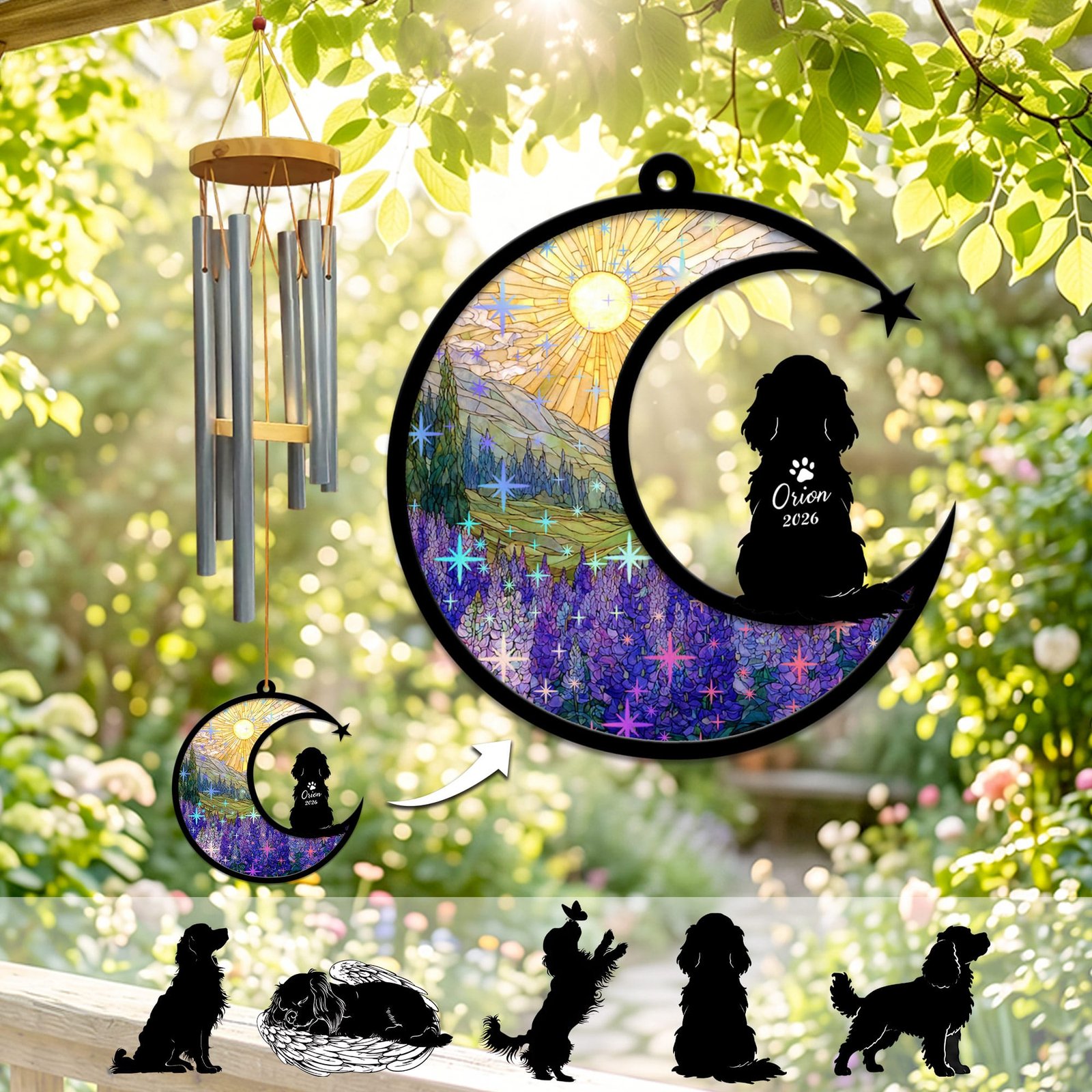 Stained-glass memorial wind chime suncatcher showing a Cavalier King Charles Spaniel silhouette sitting on a crescent moon over a purple lupine field with sparkling stars
