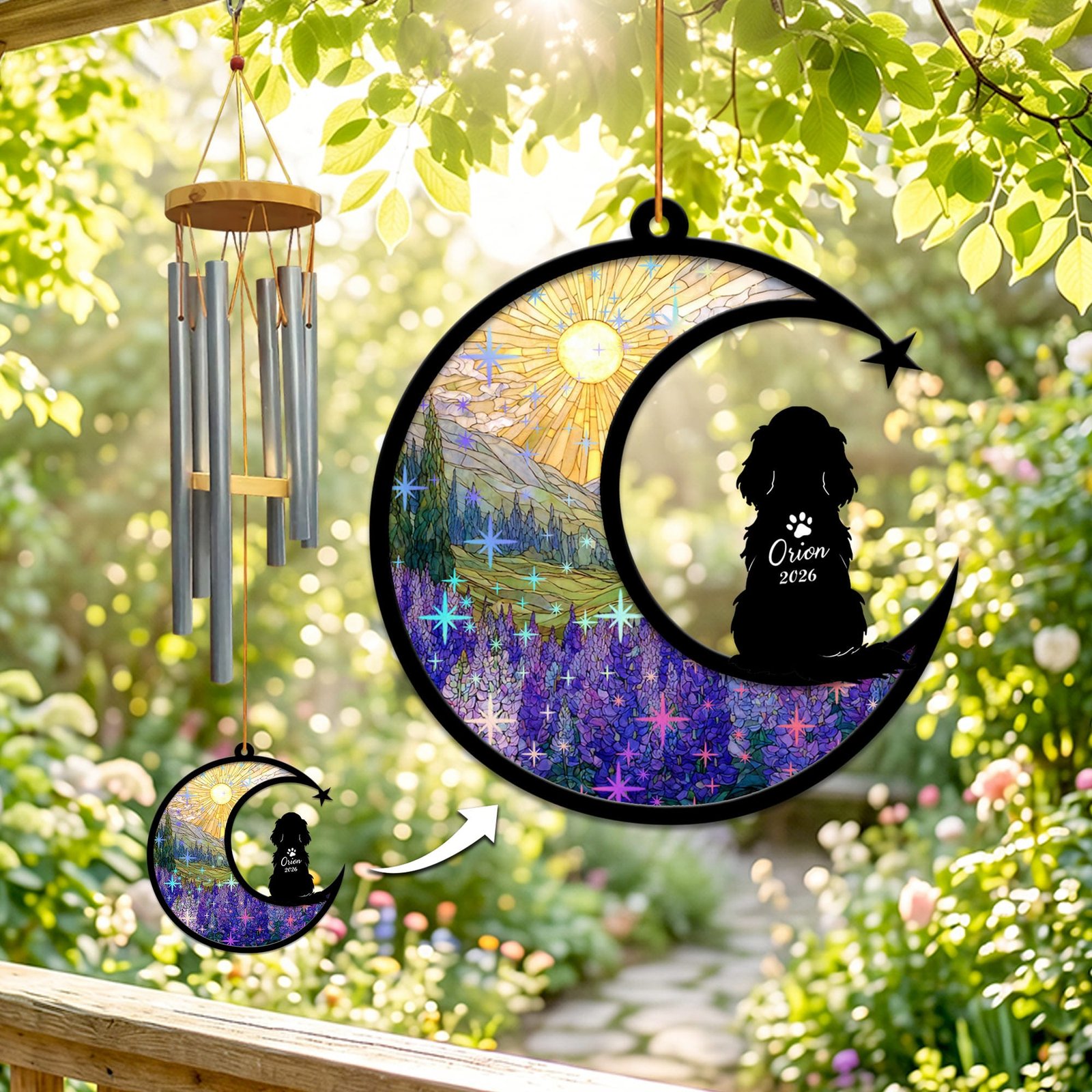 Stained-glass memorial wind chime suncatcher showing a Cavalier King Charles Spaniel silhouette seen from behind on a crescent moon over a sparkling lupine field