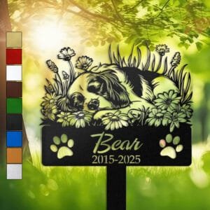 Cavalier King Charles Spaniel resting in a peaceful sleeping pose within a daisy floral border on a personalized metal garden stake, with paw print cutouts at the base.