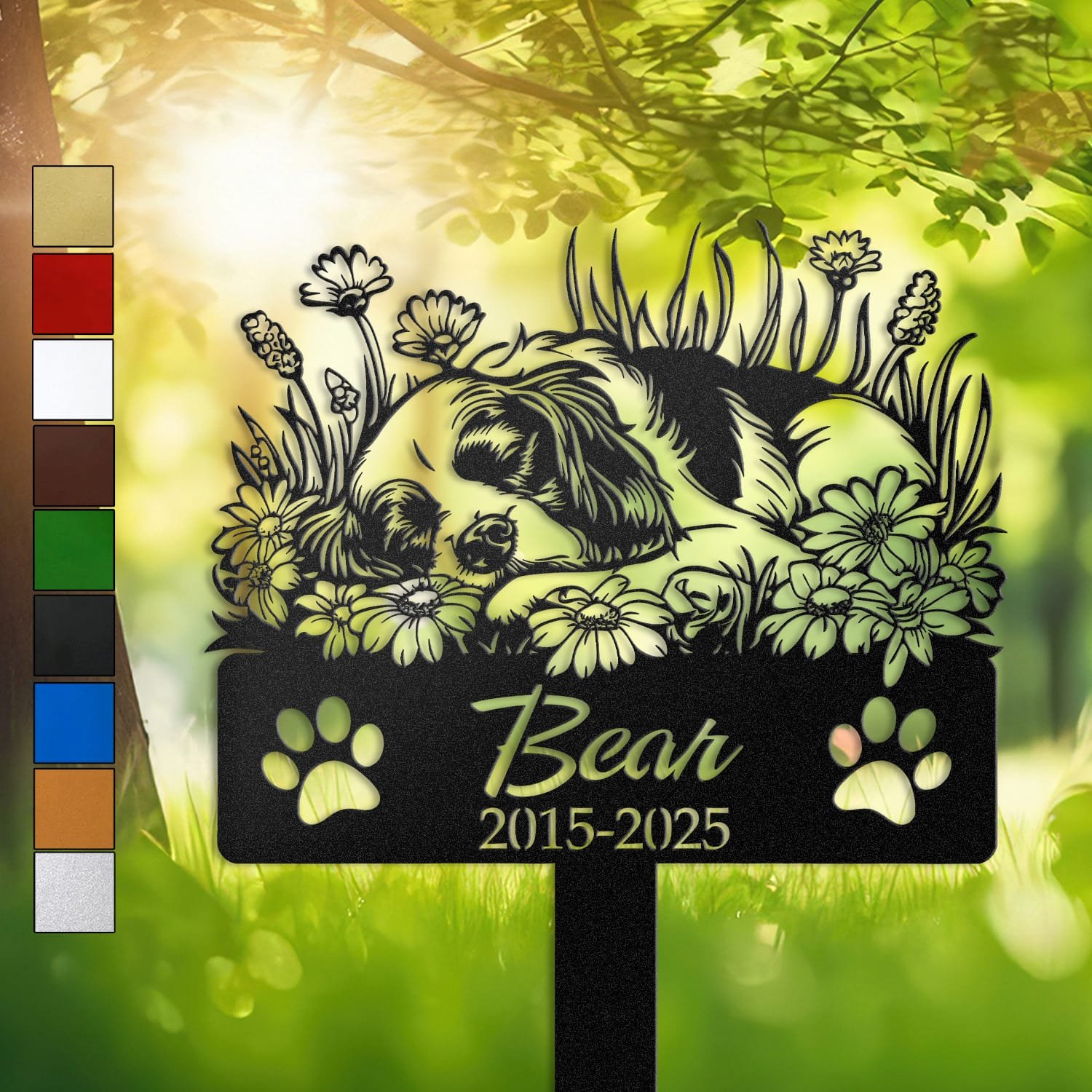 Cavalier King Charles Spaniel resting in a peaceful sleeping pose within a daisy floral border on a personalized metal garden stake, with paw print cutouts at the base.