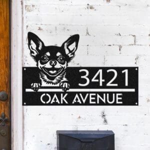 Personalized Chihuahua address sign mounted on a brick wall, reading 3421 Oak Avenue