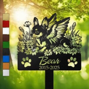 Chihuahua silhouette with angel wings surrounded by a daisy floral border on a personalized metal garden stake, with paw print cutouts at the base.