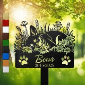 Chihuahua resting in a peaceful sleeping pose within a daisy floral border on a personalized metal garden stake, with paw print cutouts at the base.