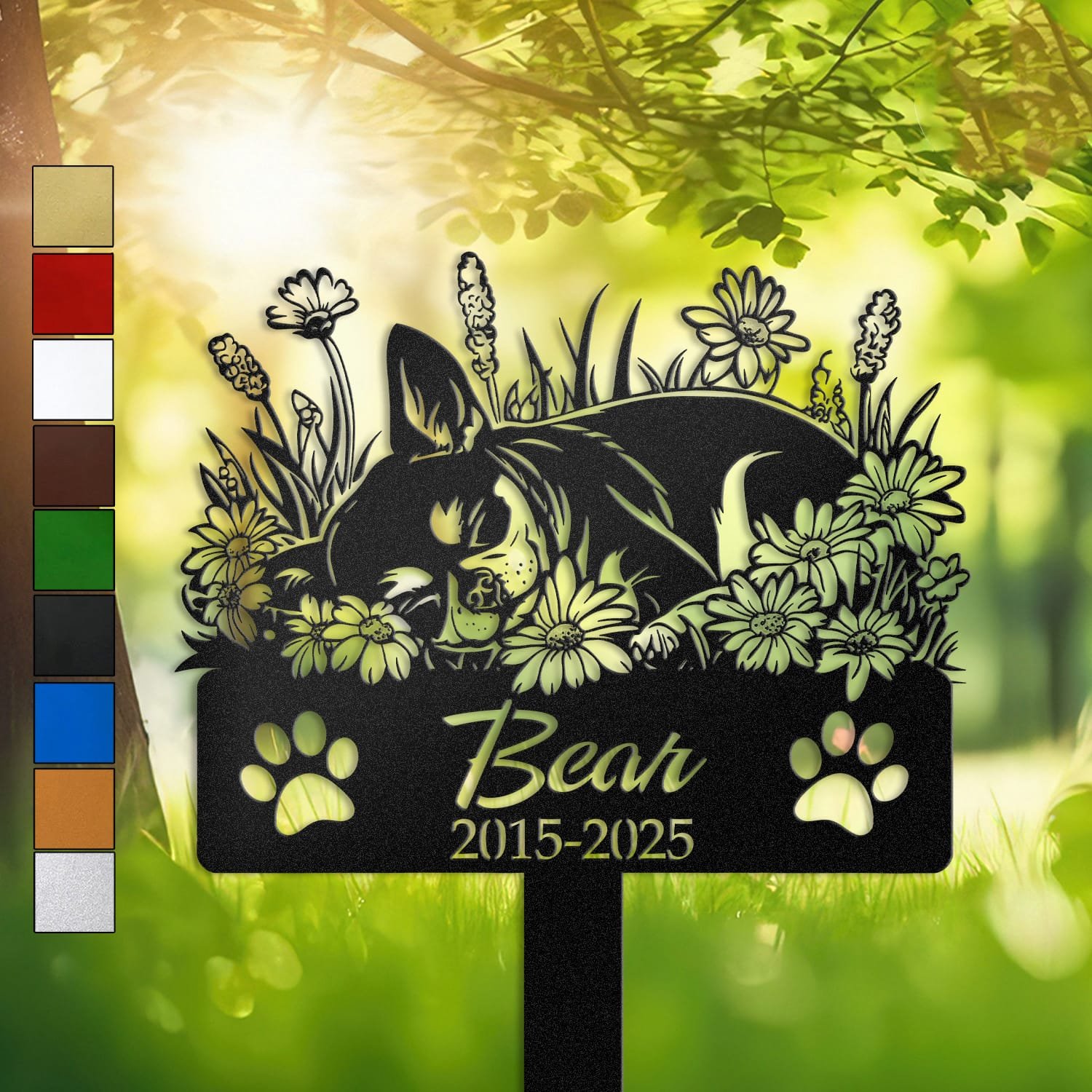 Chihuahua resting in a peaceful sleeping pose within a daisy floral border on a personalized metal garden stake, with paw print cutouts at the base.